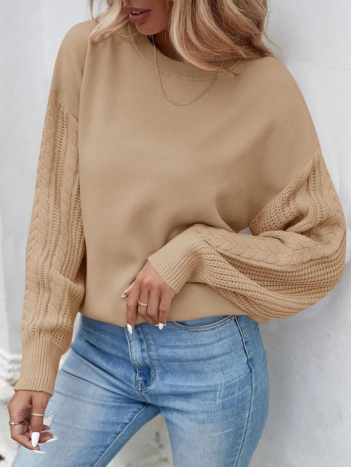 ZESICA Women's Fall Long Sleeve Crew Neck Solid Color Cable Knit Chunky Casual Oversized Pullover Sweater Tops